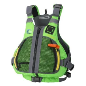 Front view at an angel of the MTI Trident life jacket in green.