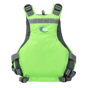 Back view of the MTI Trident life jacket in green.