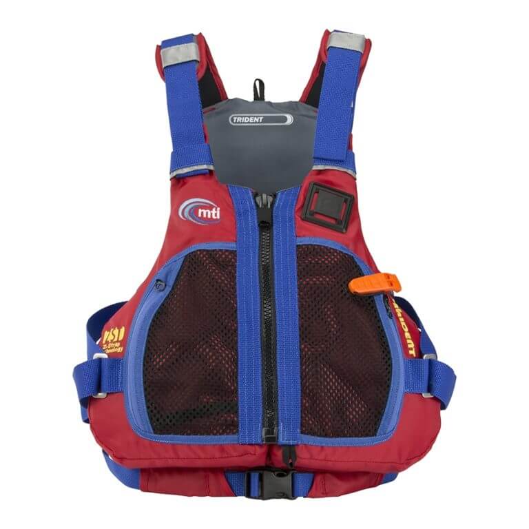 Front view of the MTI Trident life jacket in red.