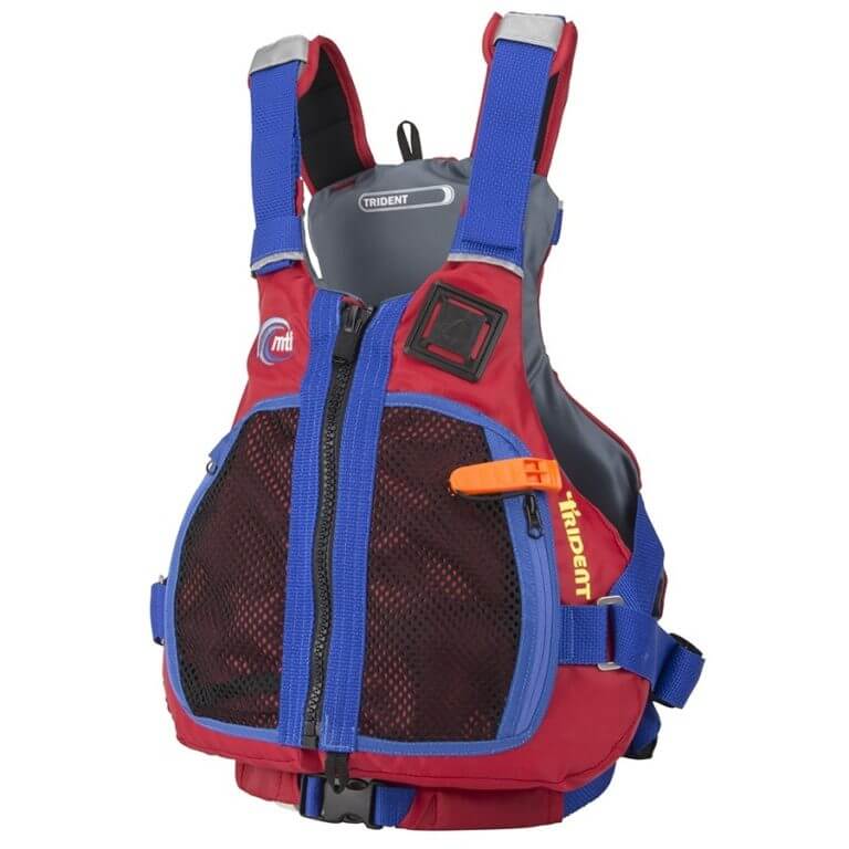 Front view at an angel of the MTI Trident life jacket in red.