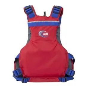 Back view of the MTI Trident life jacket in red.