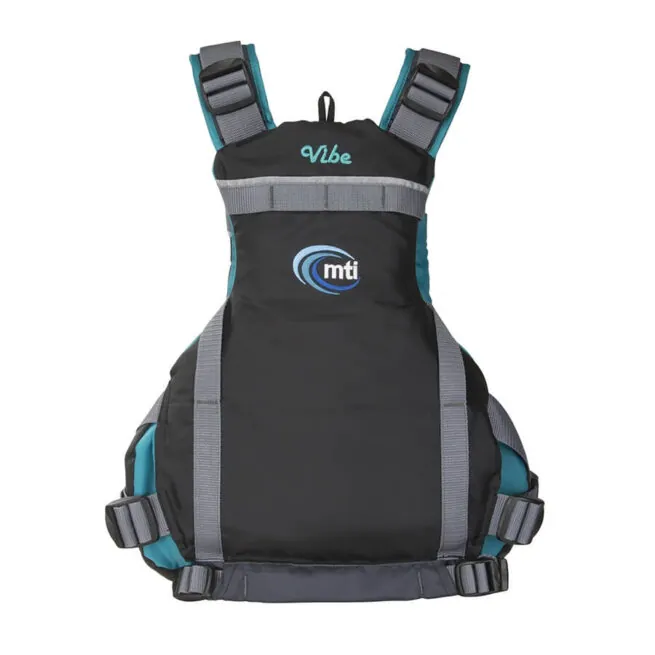 The MTI Vibe PFD in the new for 2018 black and turquoise back view.