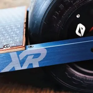 Up close look at the OneWheel XR logo and wheel.