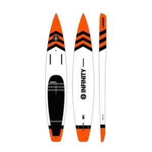 Infinity SUP 2018 orange Whiplash front, bottom, and side view.