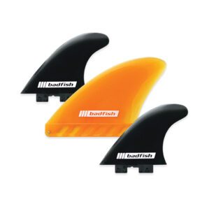 Three Badfish SUP fins, one orange, two black at Riverbound Sports