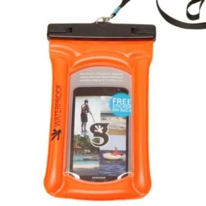 Bright orange Gecko Brand floating phone case with strap at Riverbound Sports