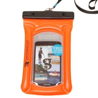 Bright orange Gecko Brand floating phone case with strap at Riverbound Sports