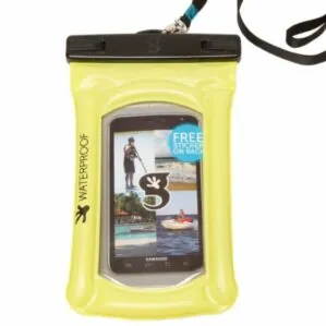 Bright green Gecko Brand floating phone case with strap at Riverbound Sports