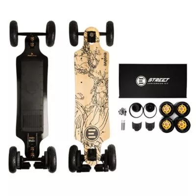 Evolve GT Electric Skateboard AT and 2 and 1 Street wheel setup.