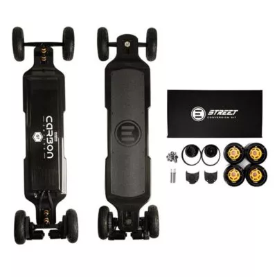 Evolve Carbon GT Electric Skateboard AT and 2 and 1 Street wheel setup.