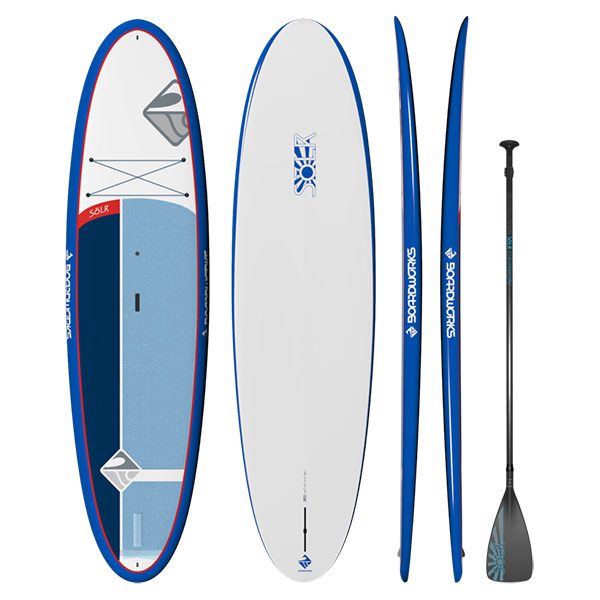 Boardworks SOLR paddle and paddleboard package in blue, red, and white.