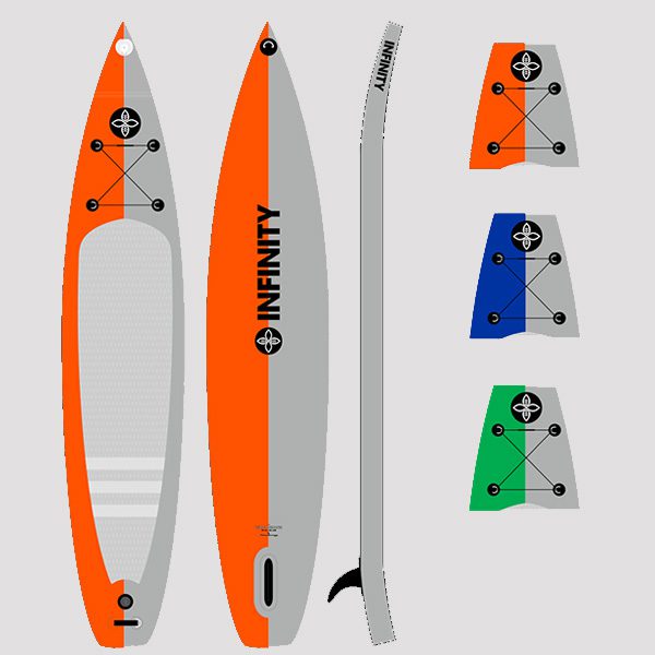 Infinity SUP inflatable touring board color sheet. Available colors are orange, blue, and green.