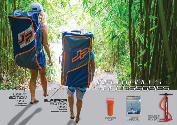 2019 orange and blue JP Australia inflatable paddle board bags and included gear.