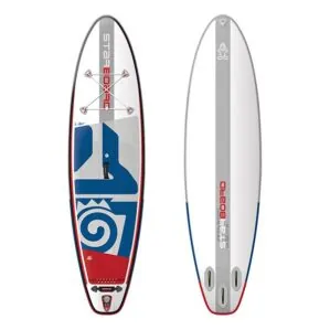 Starboard iGO Zen 10.4' inflatable paddle board in red, white, and blue. Deck and bottom image.
