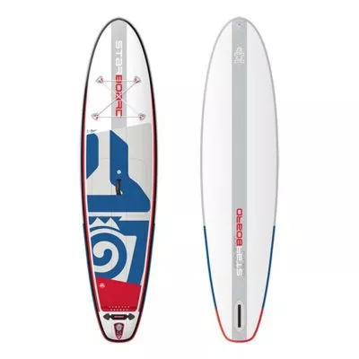 Starboard iGO Zen inflatable paddle board in red, white, and blue. Deck and bottom image.