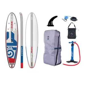 Starboard inflatable 11.2 and 12/0 package with board, bag, pump, trash bag, leash, and center fin.