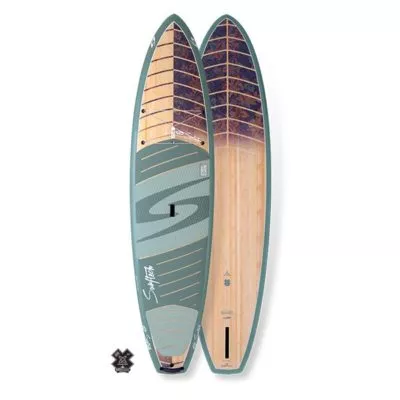 Surftech and prAna collaborated bamboo paddle board with green deck designed by Joe Bark