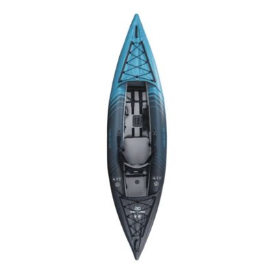 Newly redesigned Aquaglide Chelan 120 view looking down on the top of the kayak. The new dark aqua and grey color.
