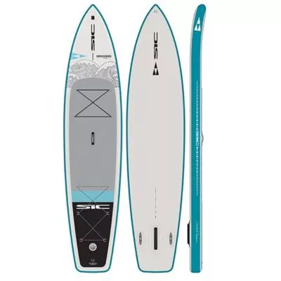 The 2020 SIC Maui Air-Glide Inflatable touring SUP 3 views, deck, bottom, and profile. The Okeanos FST is available at Riverbound Sports.