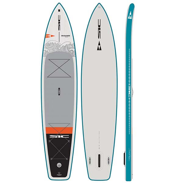 The 2020 12'6" X 31" SIC Maui Air-Glide Inflatable touring SUP 3 views, deck, bottom, and profile. The Okeanos FST is available at Riverbound Sports.