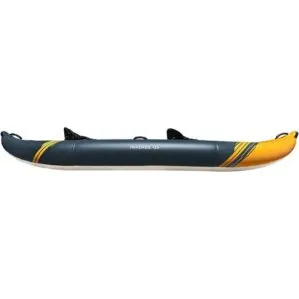 Side view of the Aquaglide 2 person inflatable McKenzie 125 kayak. available at Riverbound Sports.