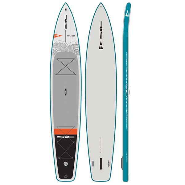 The SIC Maui Sage 10'6" X 34" Sage SUP wood grain and teal 3 views, deck, bottom, and side. Available at Riverbound Sports.