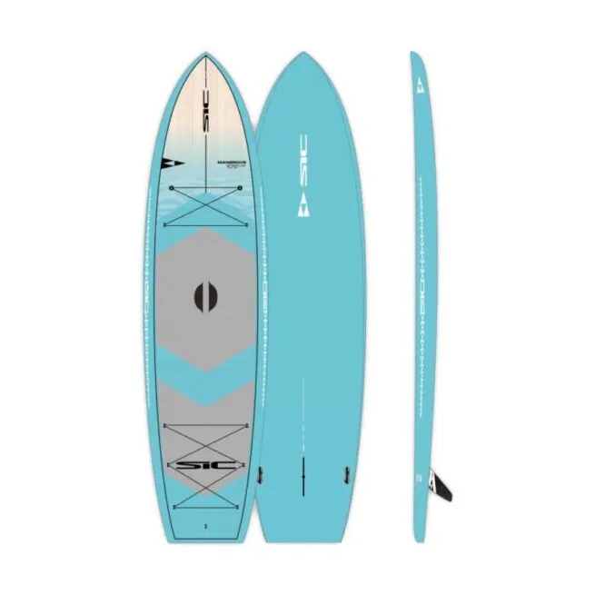 SIC Mangrove 10'6" SUP in light blue with top, bottom and sid view.