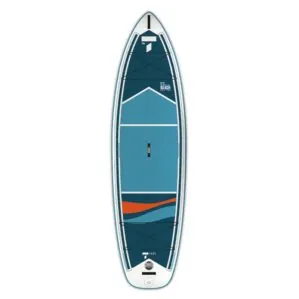 Tahe Outdoors Beach iSUP deck in blue and orange. Offering bungee tie-downs and easy grab handle.
