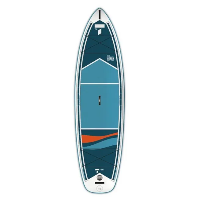 Tahe Outdoors Beach iSUP deck in blue and orange. Offering bungee tie-downs and easy grab handle.