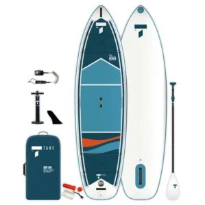 Tahe Outdoors Beach SUP Package Board, paddle, leash, bag and pump. This affordable inflatable paddle board package is available at Riverbound Sports.