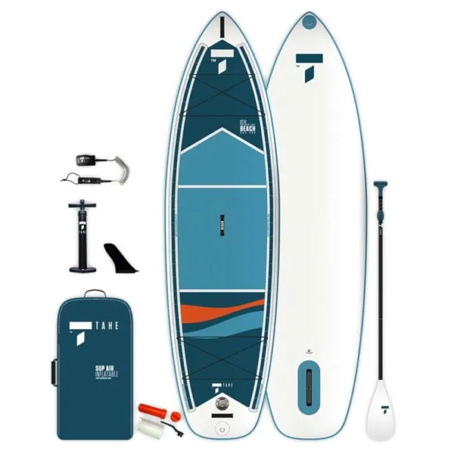 Tahe Outdoors Beach SUP Package Board, paddle, leash, bag and pump. This affordable inflatable paddle board package is available at Riverbound Sports.