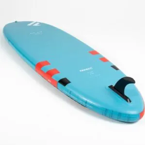 The Fanatic SUP Fly Air Inflatable Paddleboard in teal blue front bottom side image.