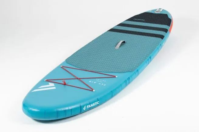 The Fanatic SUP Fly Air Inflatable Paddleboard in teal blue front deck side image.