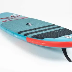 The Fanatic SUP Fly Air Inflatable Paddleboard in teal blue front deck side tail image.