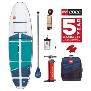Red Paddle 9'6" Compact inflatable SUP package with 5 year warranty logo. Available at Riverbound Sports store in Tempe, Arizona.