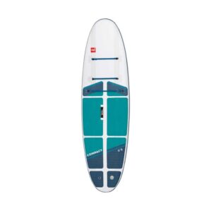 Red Paddle 9'6" Compact paddle board. White with blue and teal accent colors. Available at Riverbound Sports store in Tempe, Arizona.