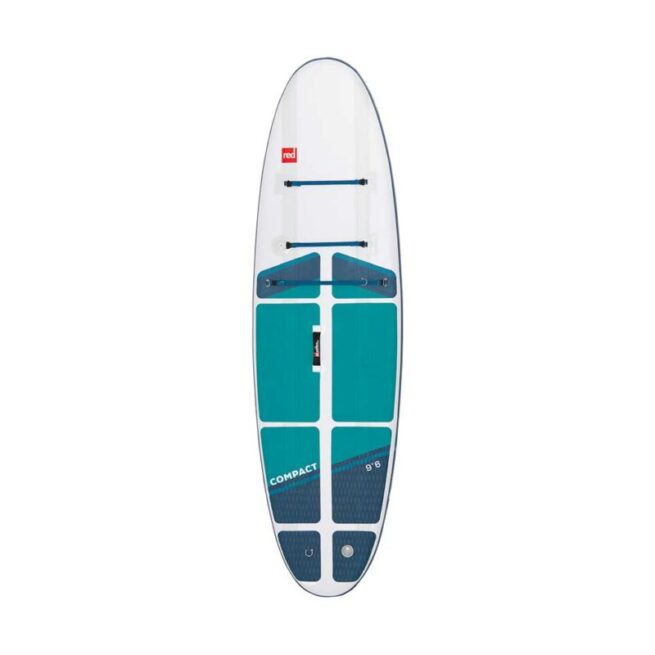 Red Paddle 9'6" Compact paddle board. White with blue and teal accent colors. Available at Riverbound Sports store in Tempe, Arizona.
