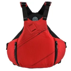 Astral YTV life jacket in cherry creek red with yellow liner and trim front view. Available at Riverbound Sports in Tempe, Arizona.