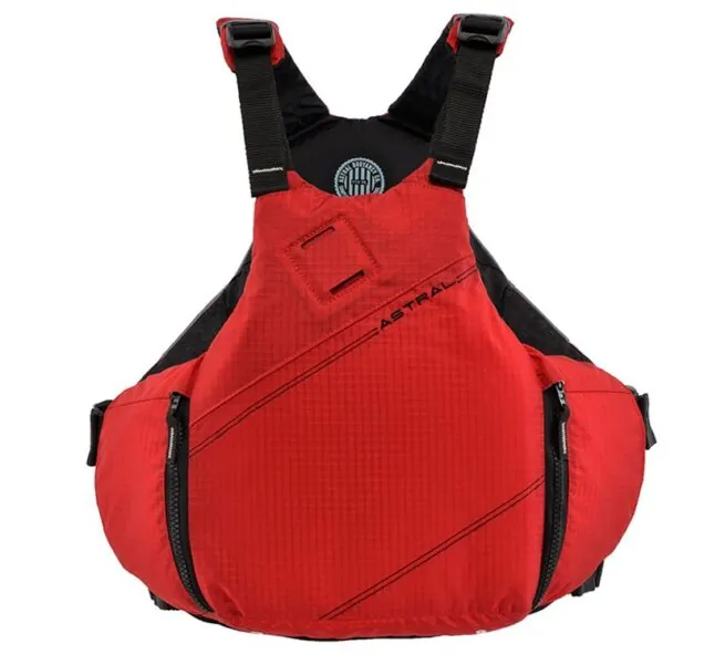 Astral YTV life jacket in cherry creek red with yellow liner and trim front view. Available at Riverbound Sports in Tempe, Arizona.