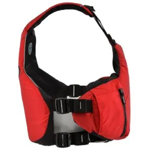Astral YTV life jacket in cherry creek red with yellow liner and trim side view. Available at Riverbound Sports in Tempe, Arizona.