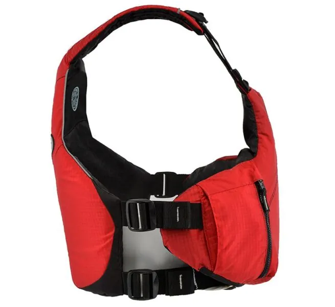 Astral YTV life jacket in cherry creek red with yellow liner and trim side view. Available at Riverbound Sports in Tempe, Arizona.