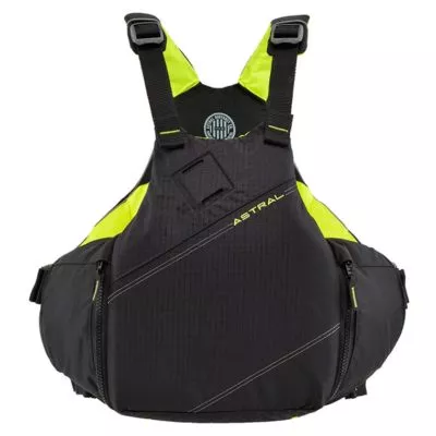 Astral YTV life jacket in Black with yellow liner and trim front view. Available at Riverbound Sports in Tempe, Arizona.