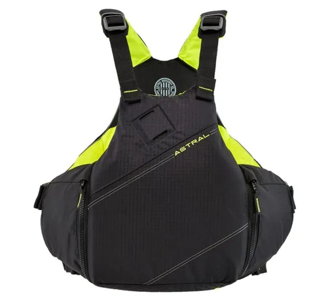 Astral YTV life jacket in Black with yellow liner and trim front view. Available at Riverbound Sports in Tempe, Arizona.