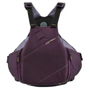 Astral YTV life jacket in eggplant with yellow liner and trim front view. Available at Riverbound Sports in Tempe, Arizona.