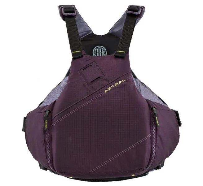 Astral YTV life jacket in eggplant with yellow liner and trim front view. Available at Riverbound Sports in Tempe, Arizona.