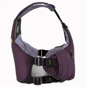 Astral YTV life jacket in eggplant with yellow liner and trim back view. Available at Riverbound Sports in Tempe, Arizona.