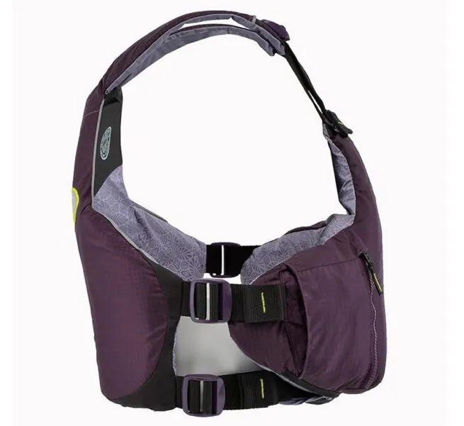 Astral YTV life jacket in eggplant with yellow liner and trim back view. Available at Riverbound Sports in Tempe, Arizona.