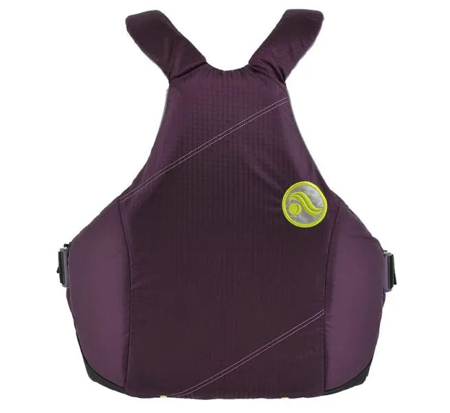 Astral YTV life jacket in eggplant with yellow liner and trim back view. Available at Riverbound Sports in Tempe, Arizona.