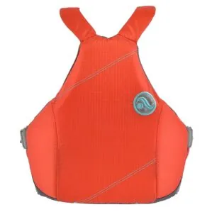 Astral YTV life jacket in hot coral with yellow liner and trim back view. Available at Riverbound Sports in Tempe, Arizona.