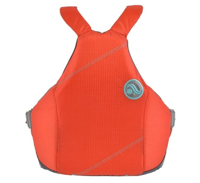 Astral YTV life jacket in hot coral with yellow liner and trim back view. Available at Riverbound Sports in Tempe, Arizona.